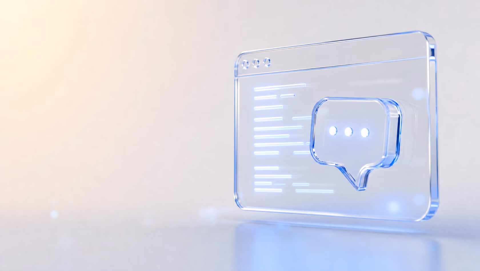 Glass-style 3D illustration of an API browser window with code and a message bubble — senderZ API Cloud