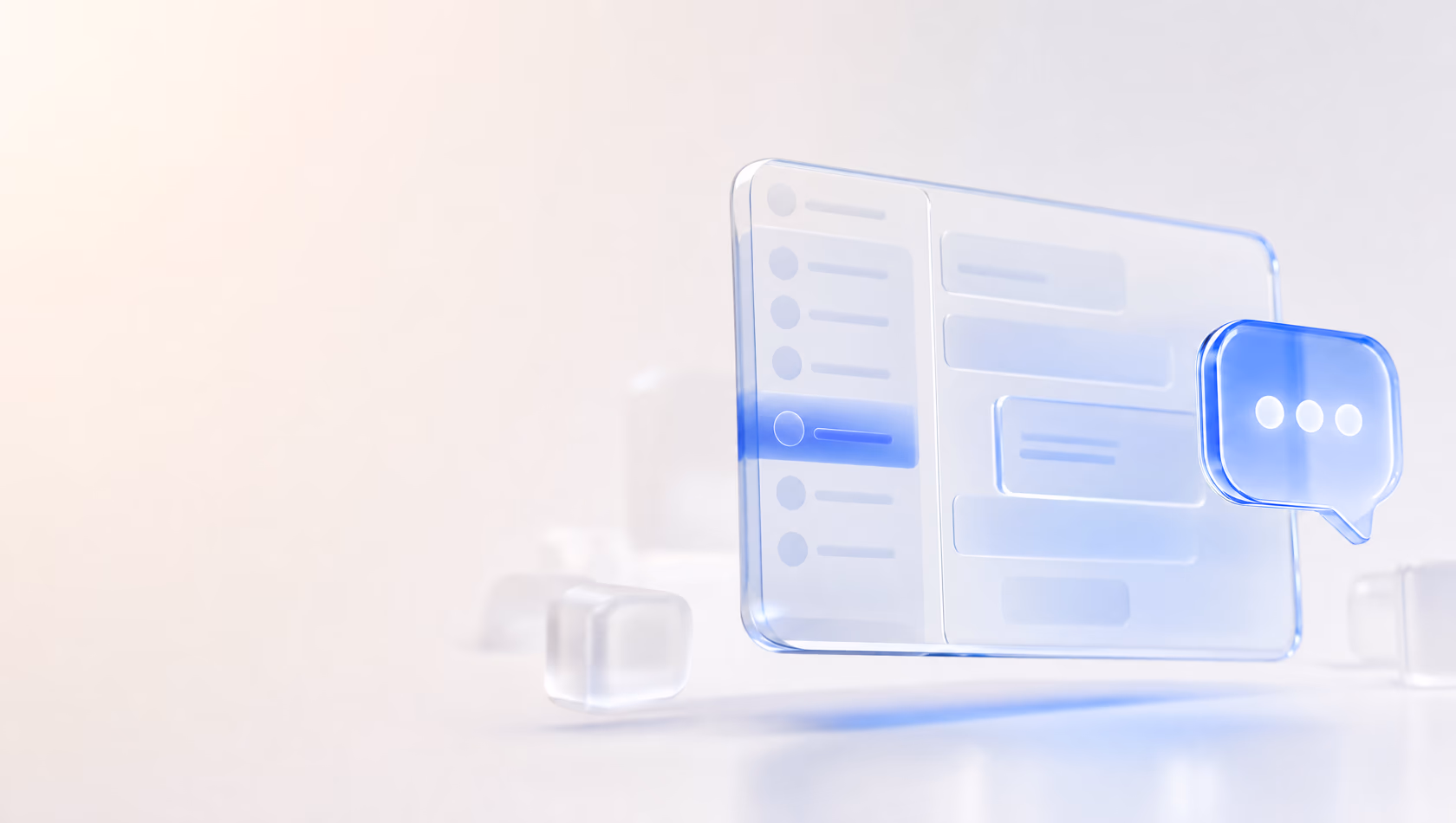 Glass-style 3D illustration of a contact list and conversation panel — senderZ Workspace