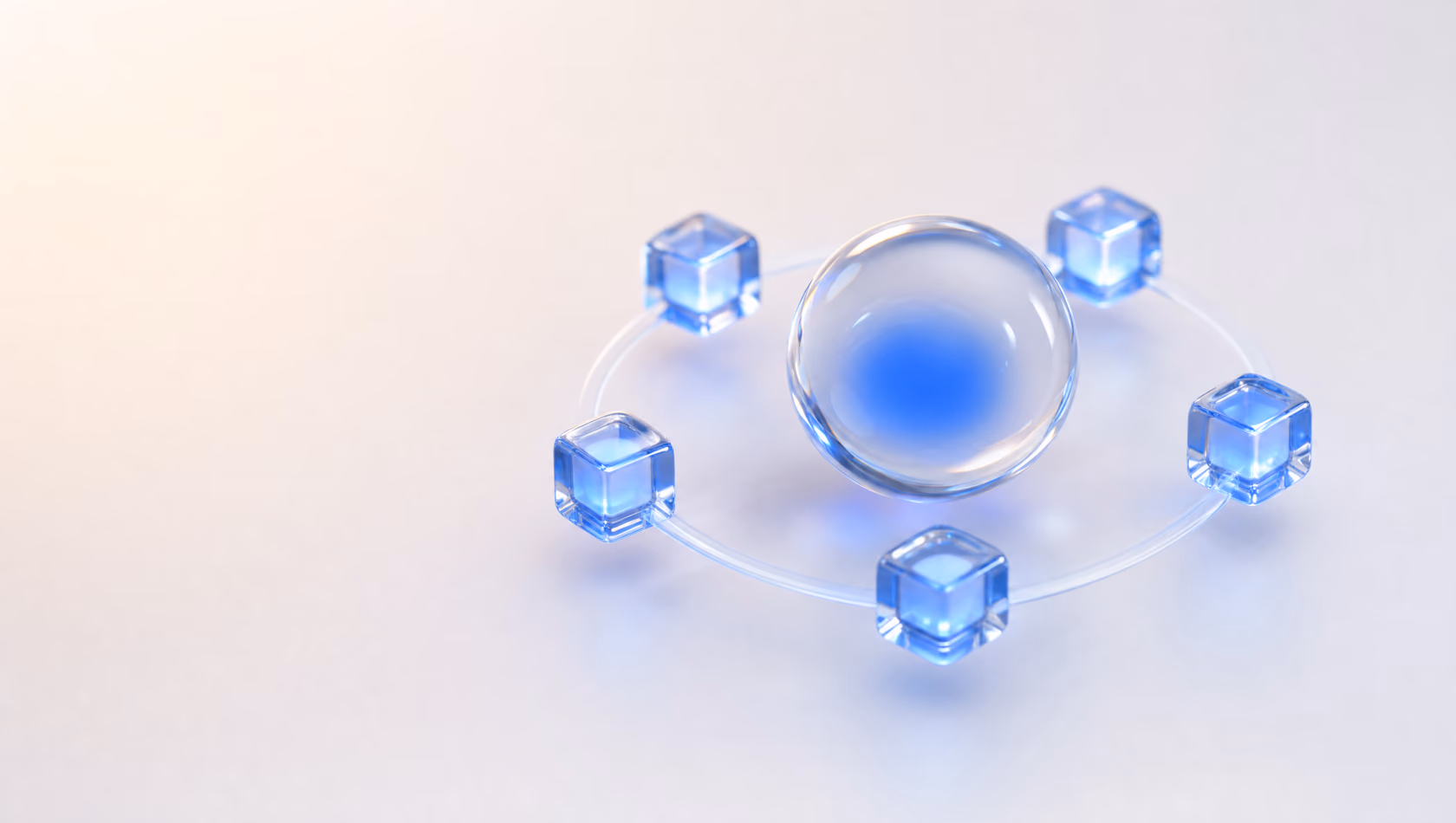 Glass-style 3D illustration of a central sphere with orbiting glass cubes — senderZ Agency OS multi-tenant architecture