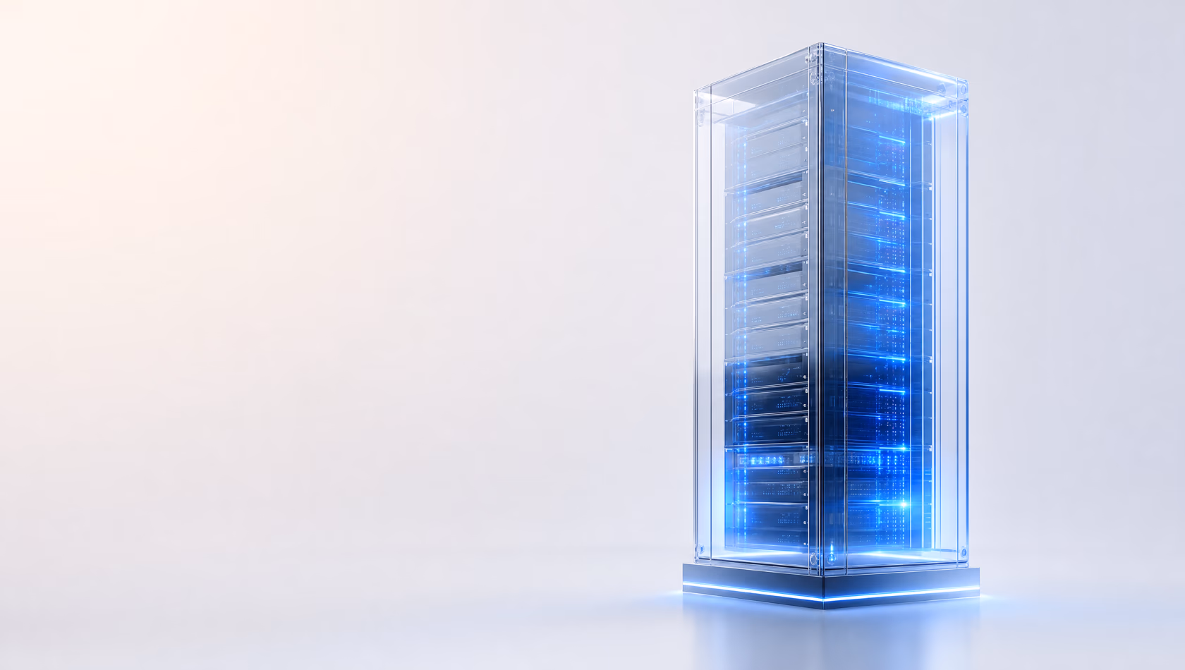 Glass-style 3D illustration of a transparent server rack with blue glow — senderZ Self-Hosted infrastructure