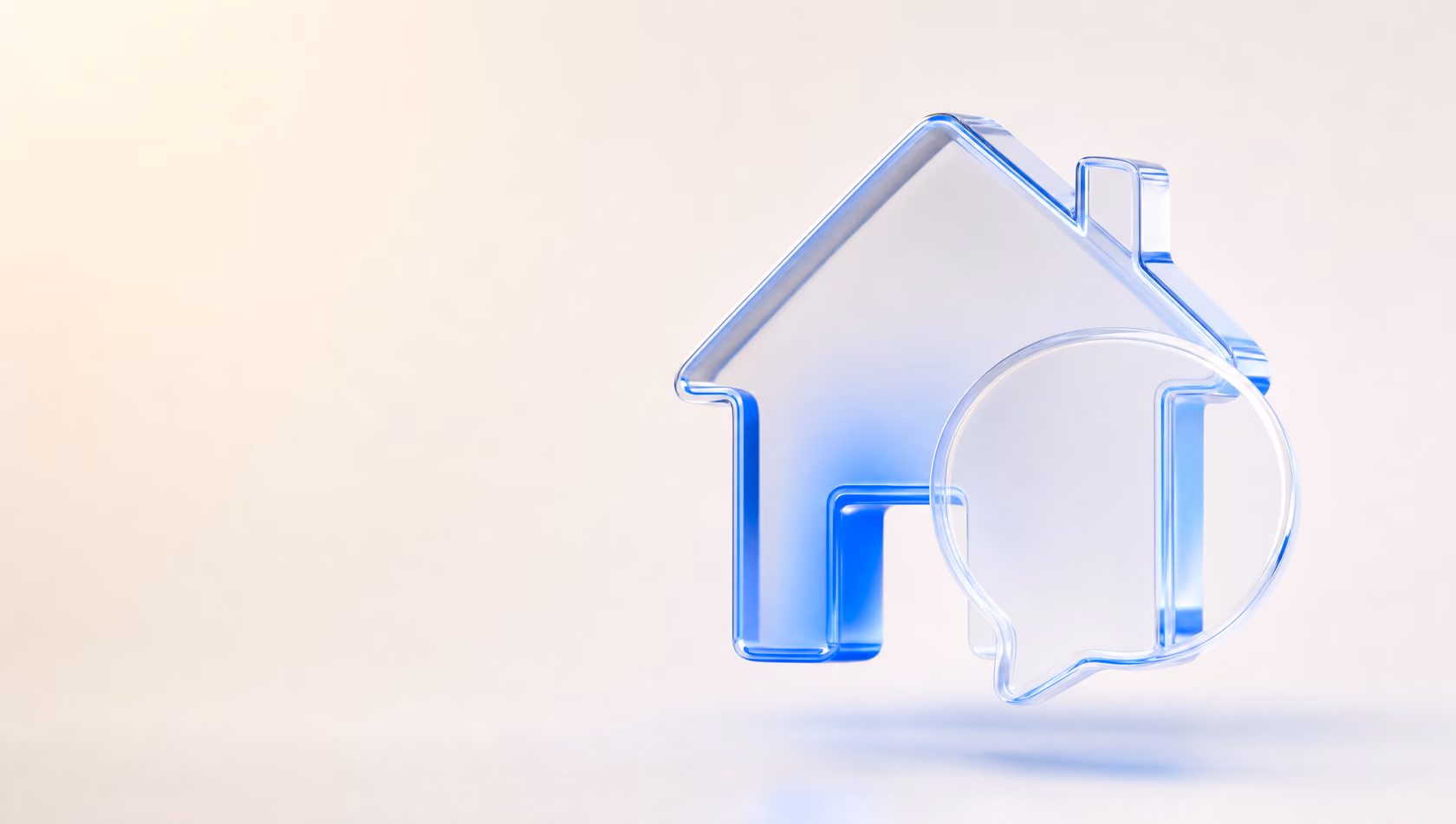 Glass-style 3D illustration of a house outline overlapping a chat bubble — senderZ real estate lead follow-up