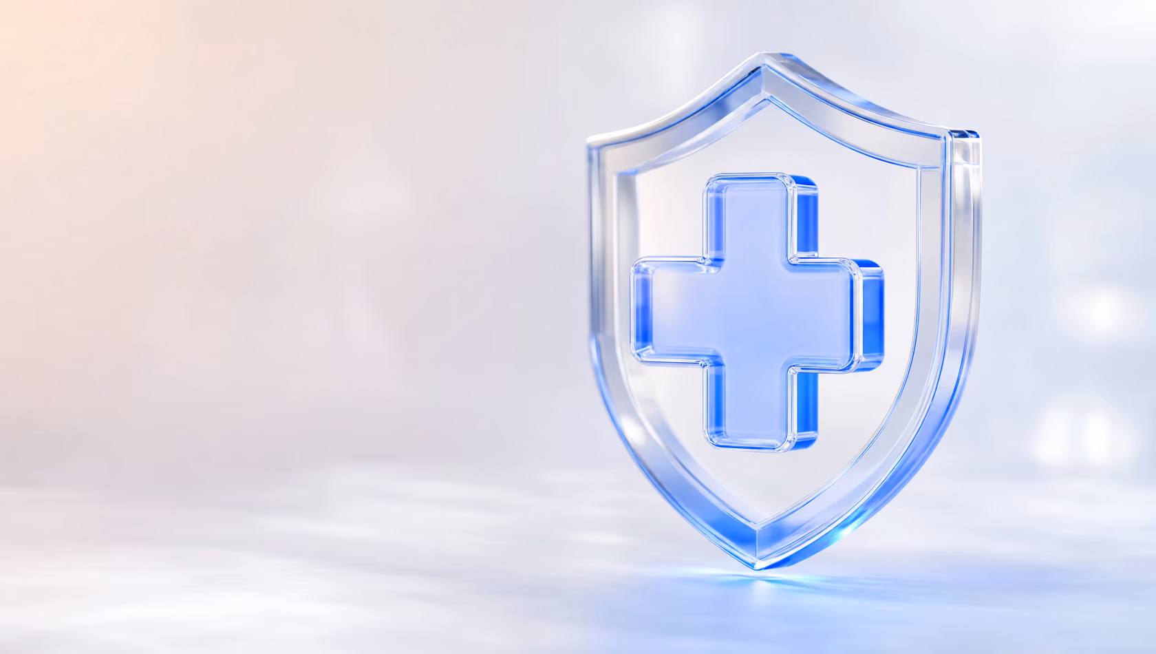 Glass-style 3D illustration of a shield with a medical cross — senderZ healthcare patient messaging
