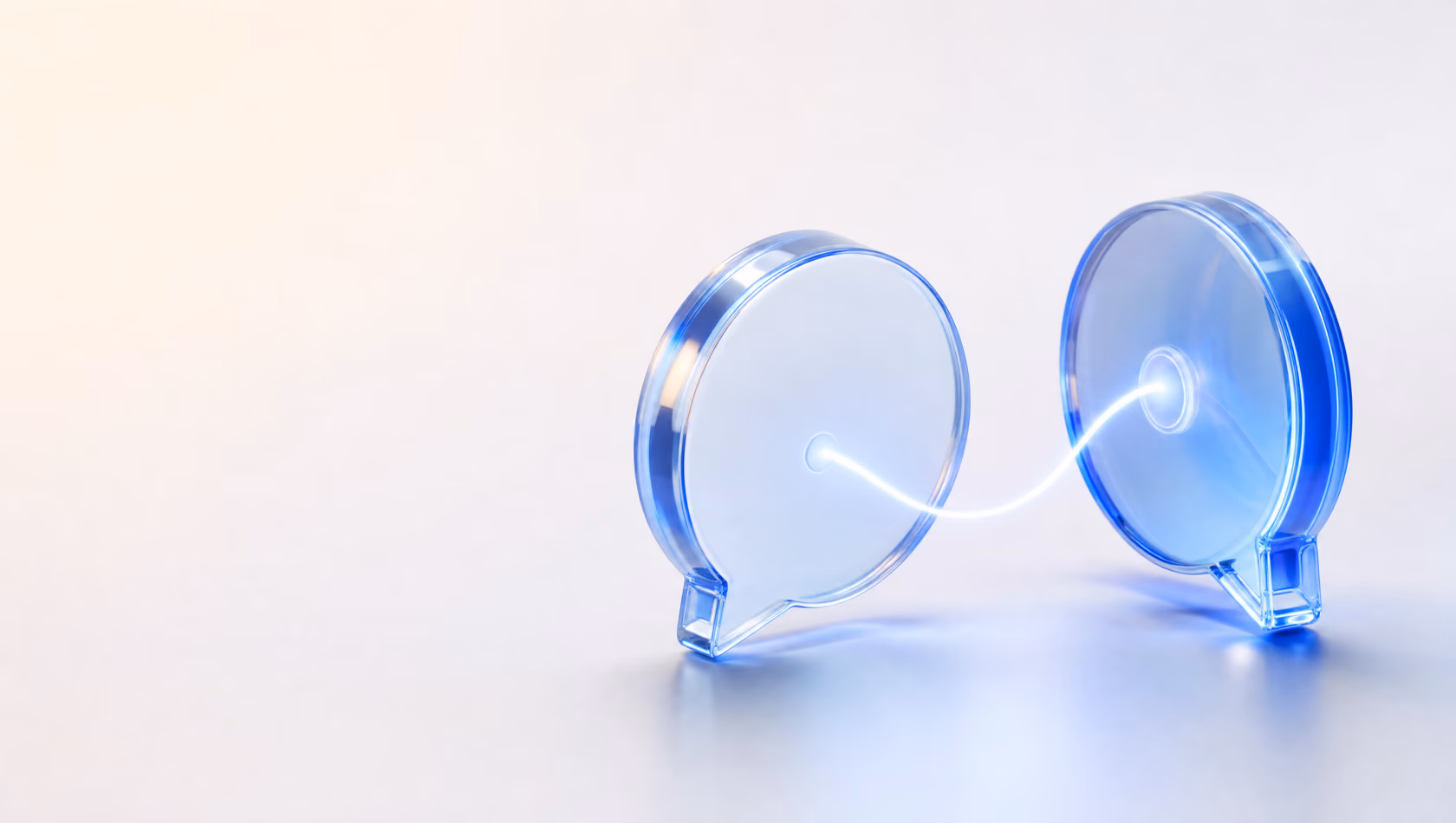 Glass-style 3D illustration of two speech bubbles connected by a glowing thread — senderZ Support solution