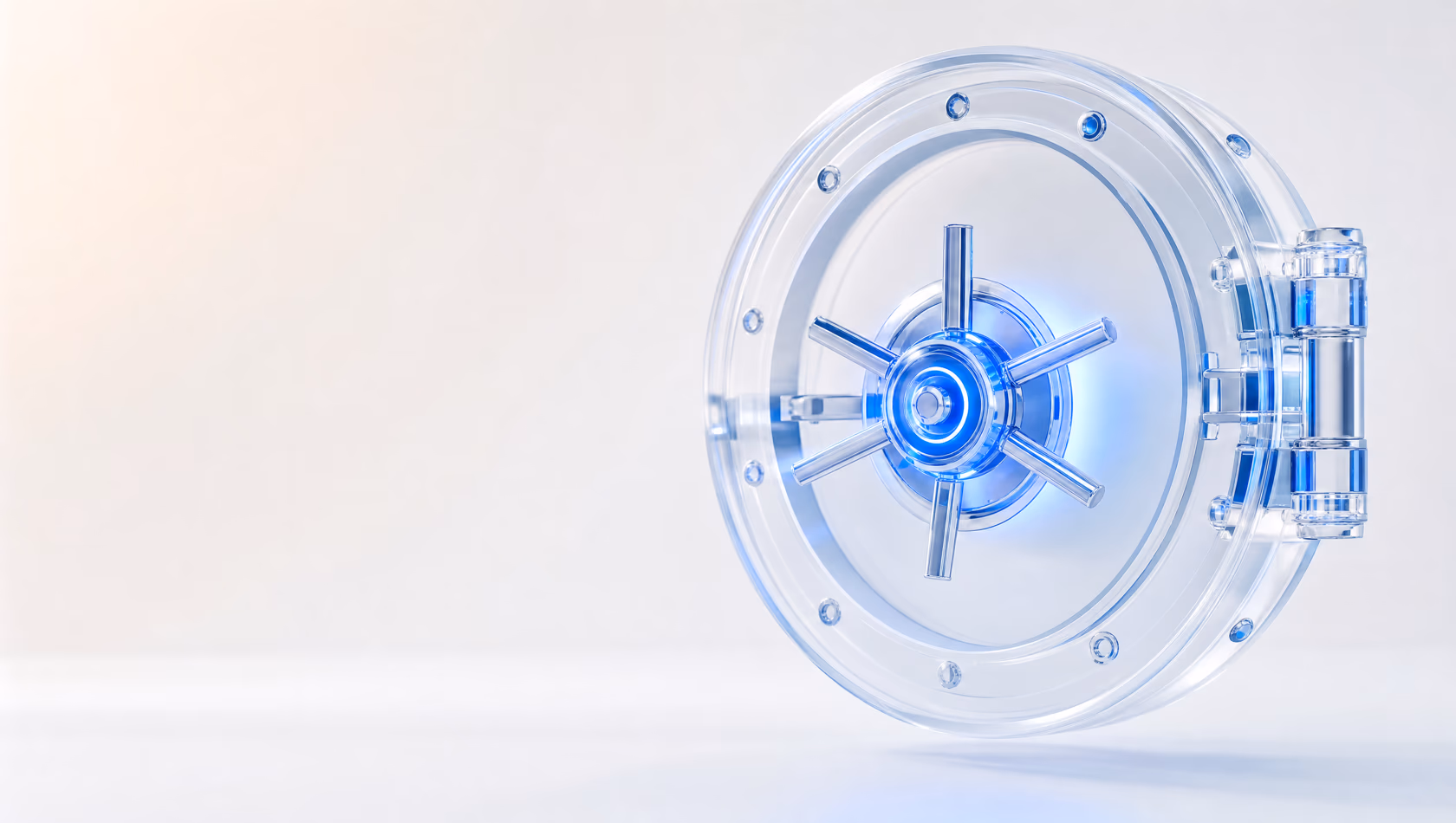 Glass-style 3D illustration of a transparent vault door with blue glow — senderZ Trust Center
